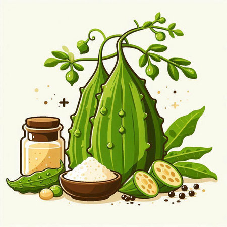Illustration of bitter gourd and its ingredients. Vector illustration.のイラスト素材