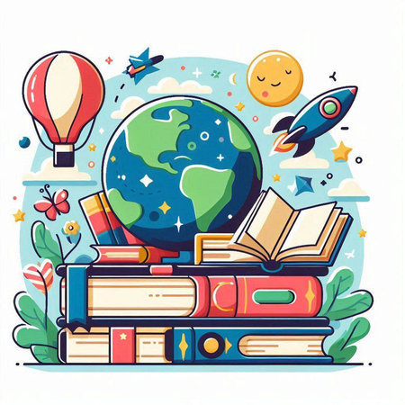 Vector illustration of a set of books, globe, rocket, clouds and flowers.のイラスト素材