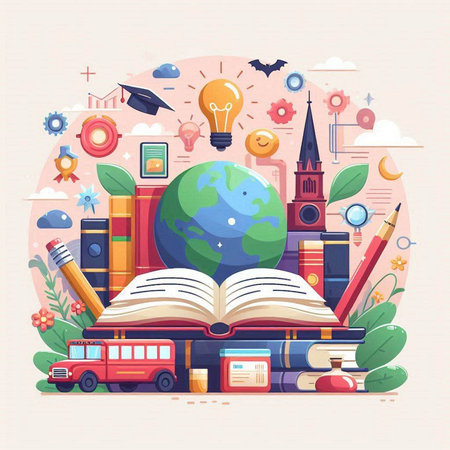 Back to school concept with books, pencils, globe, globe and education elements. Vector illustrationのイラスト素材