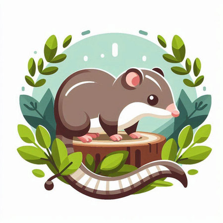 Cute cartoon rat on tree stump with leaves. Vector illustration.のイラスト素材