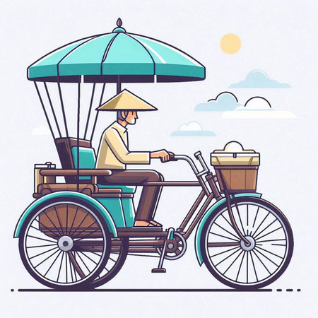 Vietnamese man riding a tricycle. Vector illustration of a man riding a tricycle.のイラスト素材