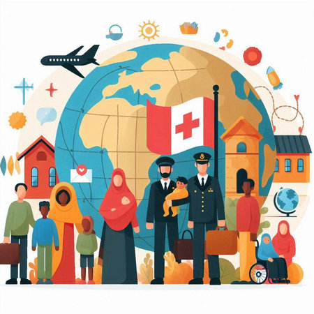 Travel to Switzerland. People in national costumes on the background of the globe. Vector illustrationのイラスト素材