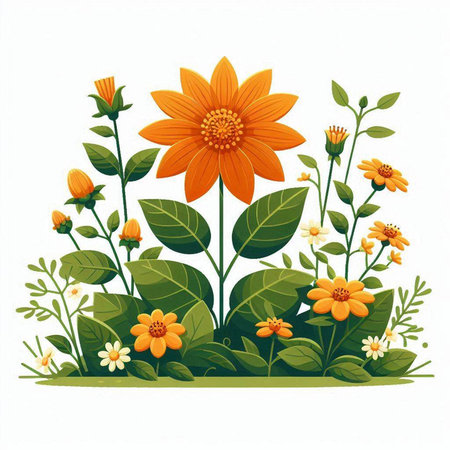 Beautiful floral background with orange flowers and green leaves. Vector illustration.のイラスト素材