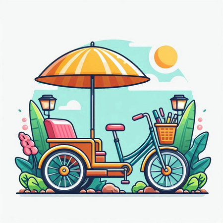 Tricycle with umbrella in the park. Vector illustration in flat styleのイラスト素材