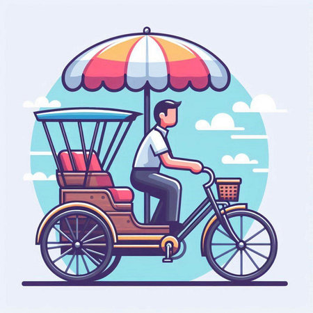 Vector illustration of a man riding a tricycle on a sunny dayのイラスト素材