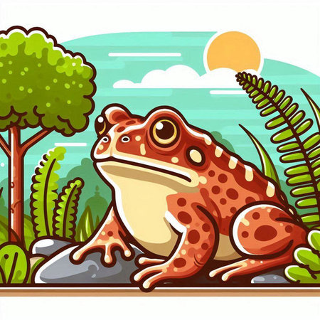 Cute cartoon frog sitting on the rock in the park. Vector illustration.のイラスト素材