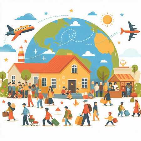 People walking around the world. Concept of travel and tourism. Vector illustration.のイラスト素材