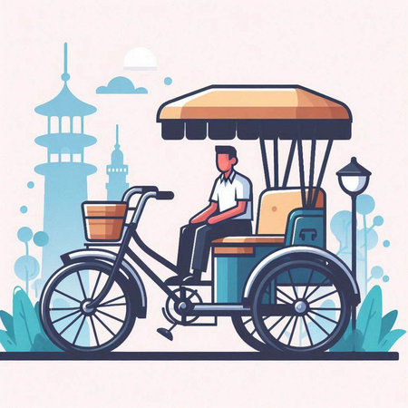 Vector illustration of a man riding a tricycle in the city.のイラスト素材