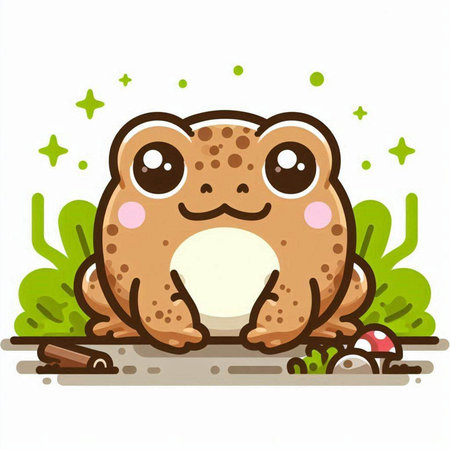 Cute cartoon frog sitting on the ground. Vector illustration isolated on white background.のイラスト素材