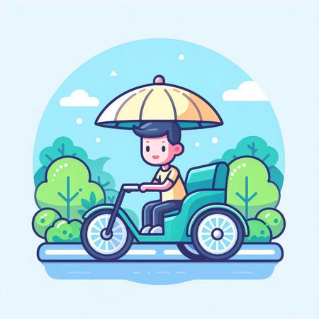 Cute boy riding a bike in the park. Vector illustration.のイラスト素材