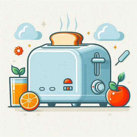 Vector illustration of a toaster with orange juice, apple and carrot.のイラスト素材