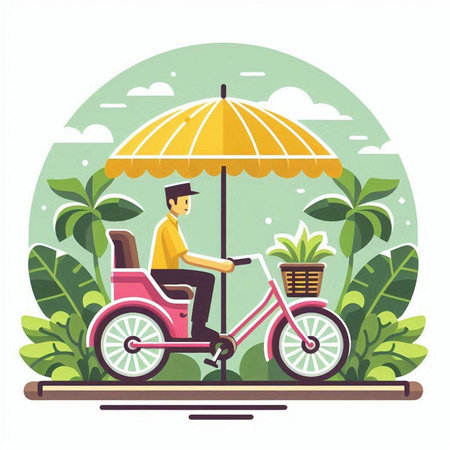 Man riding a bicycle in the park. Flat style vector illustration.のイラスト素材