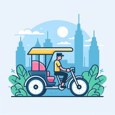 Rickshaw in the city. Vector illustration in flat style.のイラスト素材