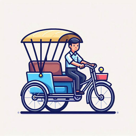 Vector illustration of a man riding a tuk tuk on white backgroundのイラスト素材