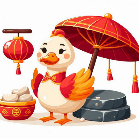 Illustration of a cute duck with a red umbrella on a white backgroundのイラスト素材