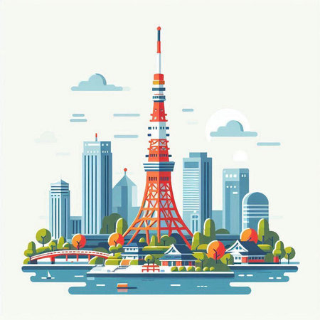 Tokyo skyline with Tokyo Tower. Japan. Vector illustration in flat styleのイラスト素材