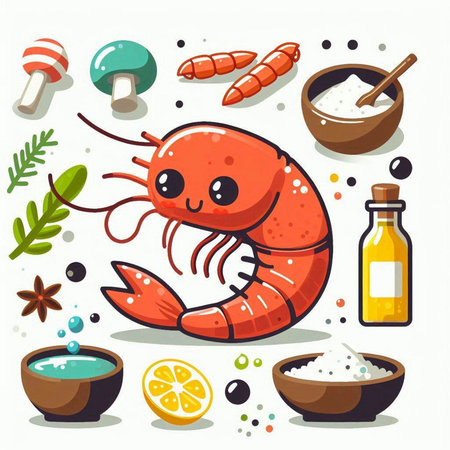 Shrimp and ingredients for cooking. Vector illustration in cartoon style.のイラスト素材