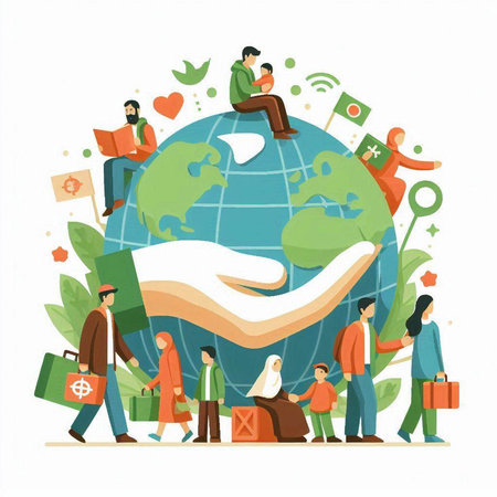 People around the globe. Vector illustration in flat cartoon style. Global communication.のイラスト素材