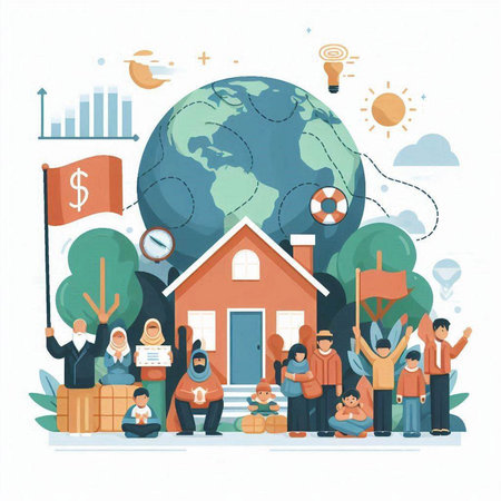 People in front of their home. Vector illustration in flat style.のイラスト素材