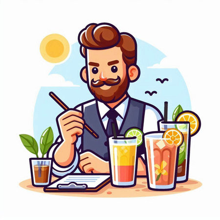 Hipster barman drinking cocktail. Vector illustration in cartoon styleのイラスト素材