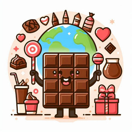Vector illustration of Cartoon chocolate character with world map and candies.のイラスト素材