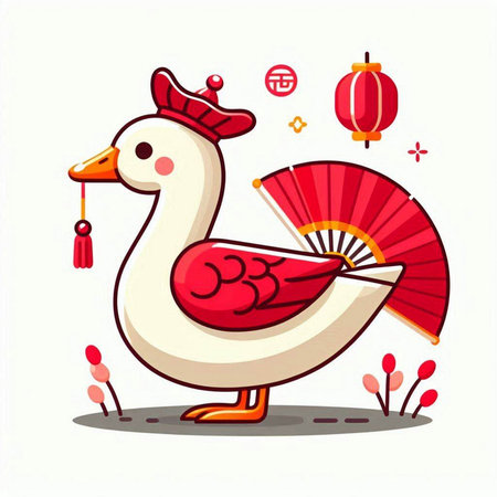 Chinese New Year Greeting Card with Duck and Fan. Vector illustrationのイラスト素材