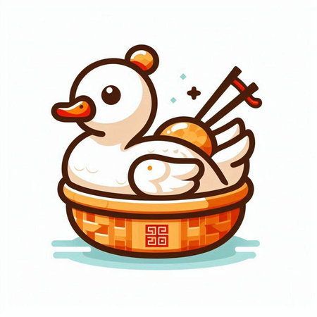 Illustration of a cute duck with a basket on a white backgroundのイラスト素材