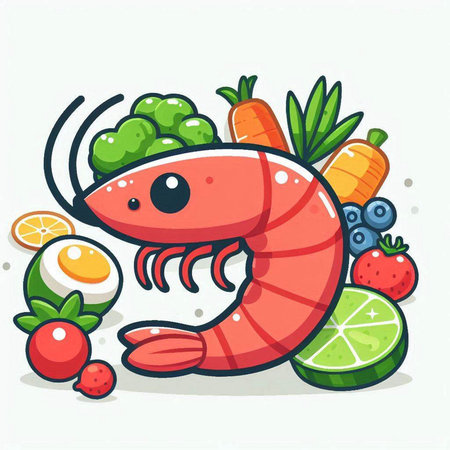 Shrimp with vegetables and fruits. Vector illustration in cartoon style.のイラスト素材
