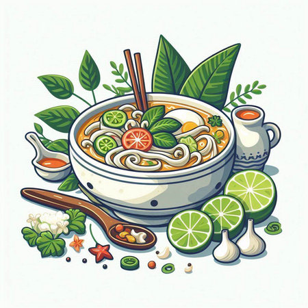 Noodle soup in a bowl with chopsticks, lime, soy sauce, ginger, garlic and herbs. Vector illustration.のイラスト素材