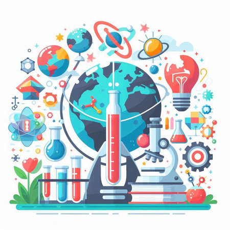 Science and education concept. Vector illustration in flat style with icons and elements.のイラスト素材