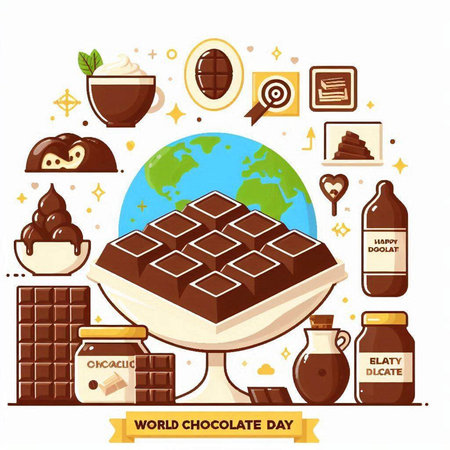 World Chocolate Day Vector Illustration. Chocolate bar, milk chocolate, ice cream, cocoa beans, chocolate candies, chocolate mousse, cocoa powder, chocolate candy, chocolate candies, chocolate candyのイラスト素材