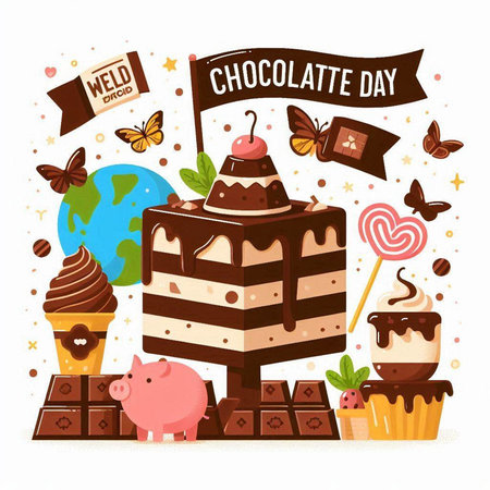 Chocolate Day greeting card. Cute cartoon illustration of chocolate cake, cupcake, piggy bank, chocolate candies, cookies, donuts and other sweets.のイラスト素材