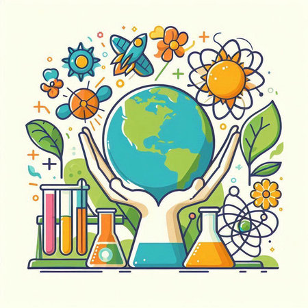 Vector illustration of science and education concept with globe, plants and flasksのイラスト素材