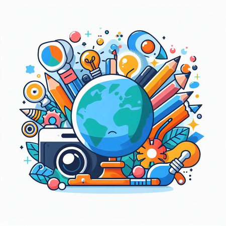 Vector illustration of globe, camera, stationery, pencils.のイラスト素材