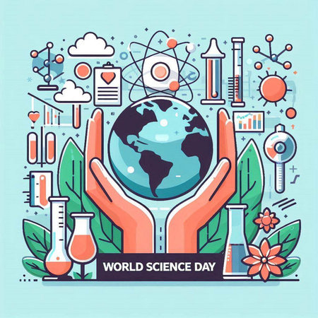 World Science Day banner in flat line design style. Vector illustration.のイラスト素材