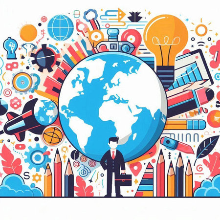 Vector illustration of a businessman standing in front of the globe surrounded by business iconsのイラスト素材