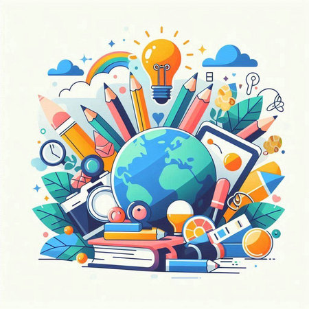 Back to school. Vector colorful illustration with school supplies on white background.のイラスト素材