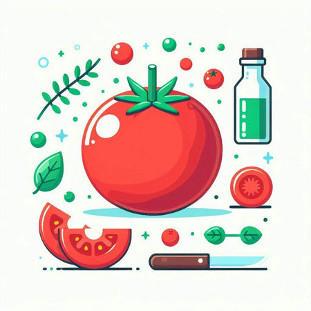 Tomato and ingredients for cooking. Vector illustration in flat style.のイラスト素材