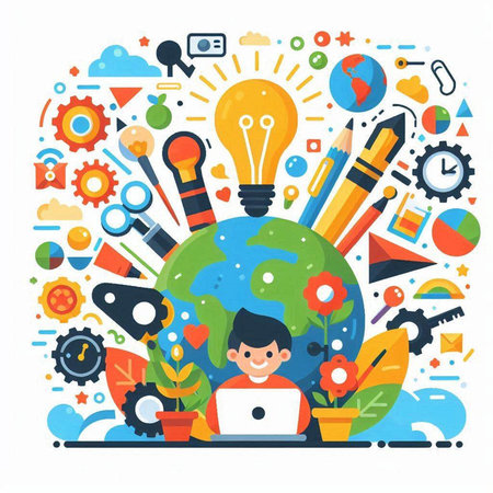 Flat design modern vector illustration concept of education, learning, online courses, webinar, tutorials, distance learning.のイラスト素材