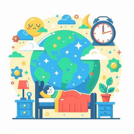 Time to sleep concept. Vector illustration in flat cartoon style. Bed with pillow, alarm clock and world globe.のイラスト素材