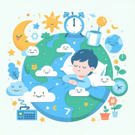 Illustration of a boy sleeping on the earth, surrounded by cute cartoon elementsのイラスト素材