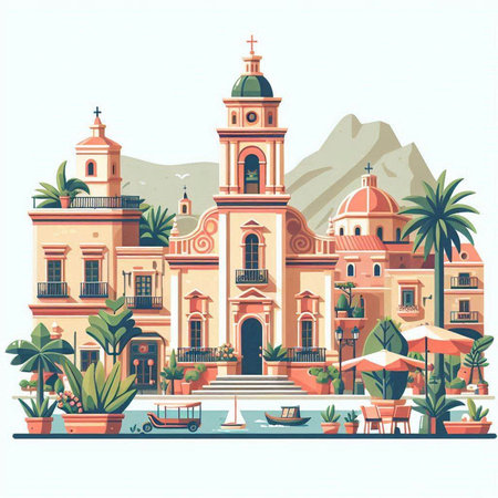 Vector illustration of a beautiful church on a background of mountains. Cartoon style.のイラスト素材