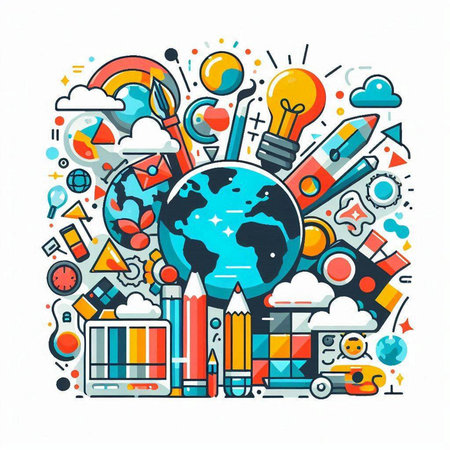 Back to school. Vector colorful illustration with globe, books, pencils, education items.のイラスト素材