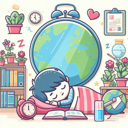 Illustration of a Kid Boy Studying Around the World on His Bedのイラスト素材
