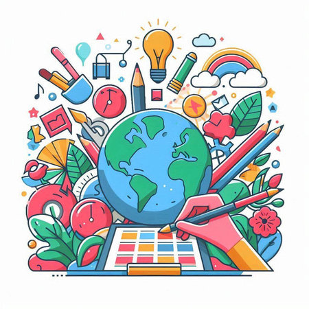 Back to school concept. Vector line art illustration of globe with education icons.のイラスト素材