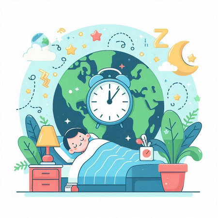Man sleeping in bed with alarm clock. Time management concept. Vector illustrationのイラスト素材