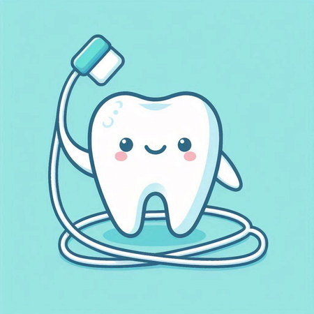 cute cartoon tooth with stomatology equipment on blue backgroundのイラスト素材