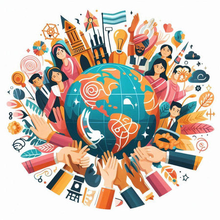 Vector illustration of people around the globe. The concept of the global community.のイラスト素材