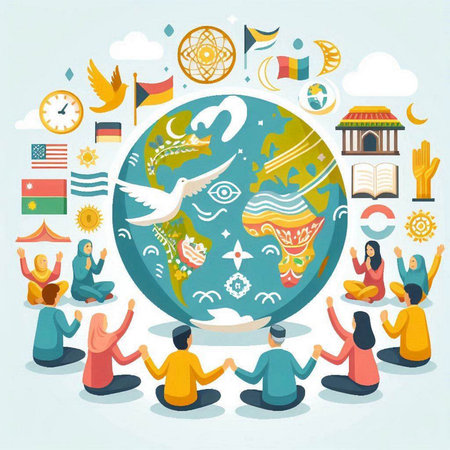 People meditating around the globe. Vector illustration in flat style.のイラスト素材