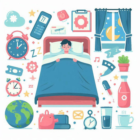 Cartoon vector illustration of a man sleeping in bed with a set of icons.のイラスト素材